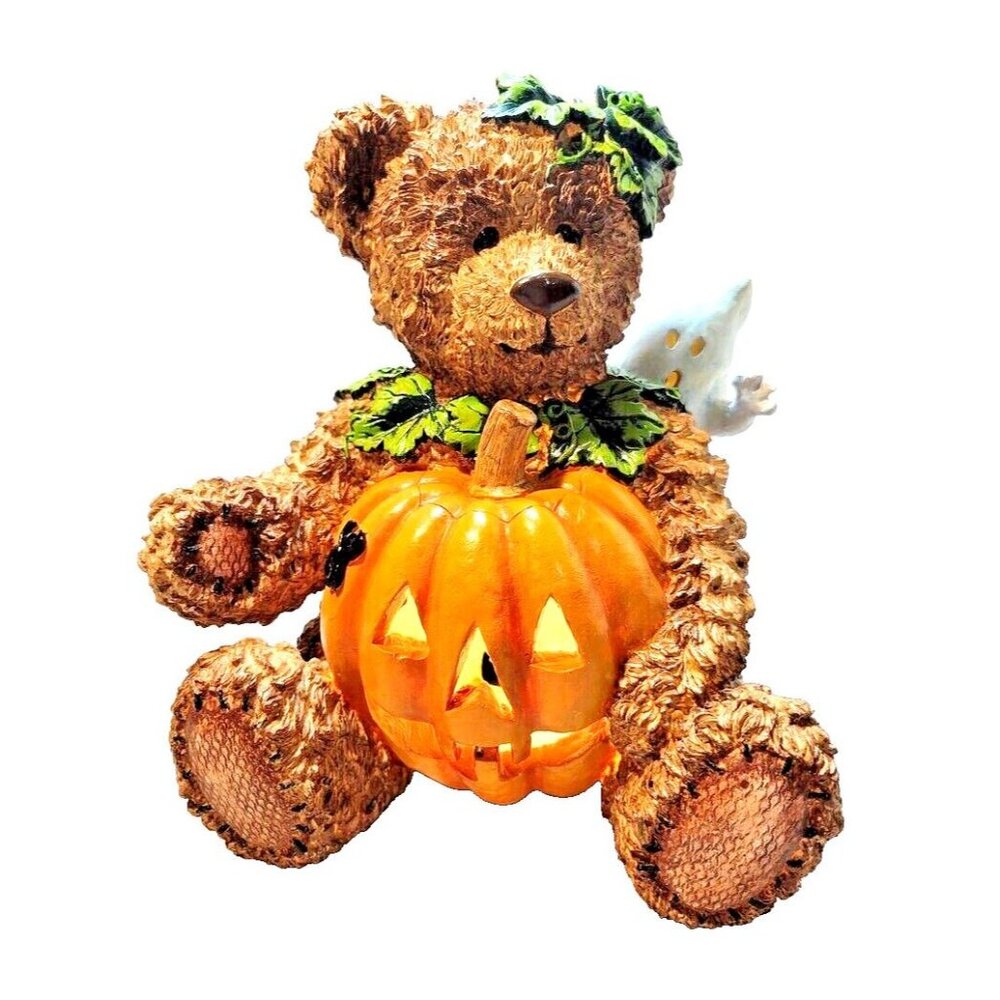 Boyds Style Teddy Bear Holding a Pumpkin & Peeking Ghost,Halloween/Fall Lamp